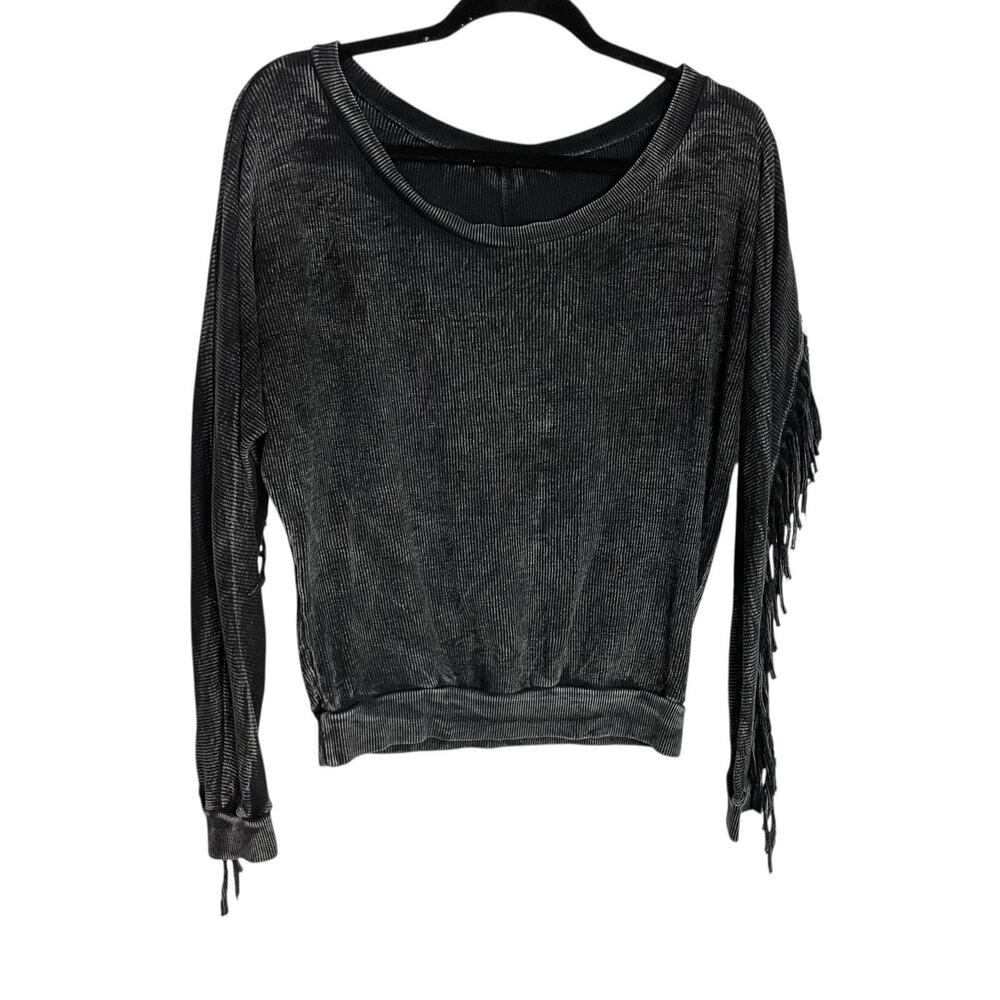 T Party Womens Western Fringe Top M Black Acid Washed Thermal Cowgirl Festival